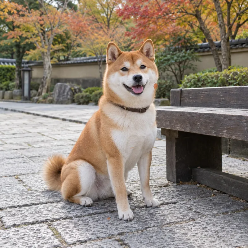 石畳とベンチのそばにいる柴犬の正方形写真へ少量の橙色の落ち葉を加えたAnimated WebPの完成例