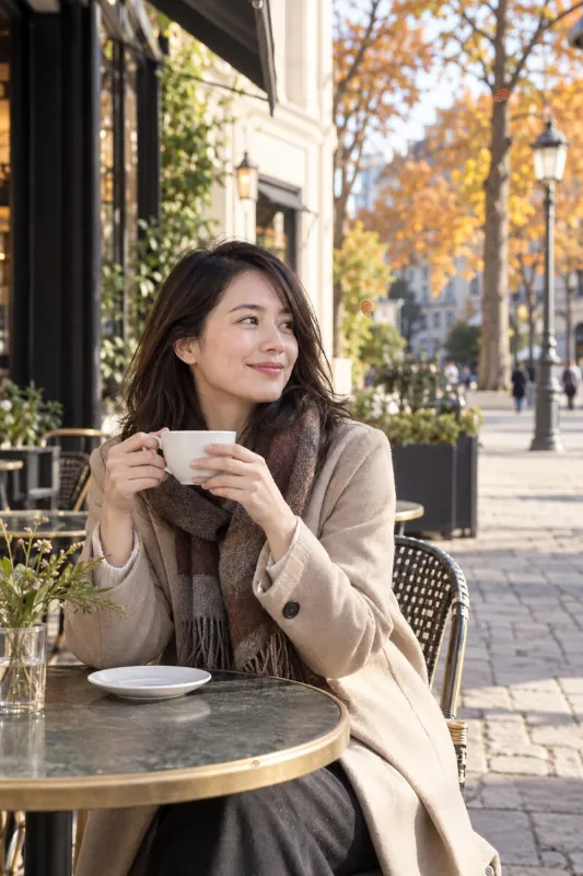 秋のカフェテラスにいる女性の縦長写真へ少量の橙色の落ち葉を加えたAnimated WebPの完成例