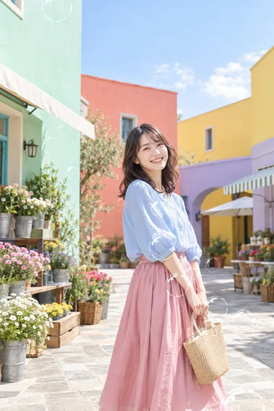 カラフルな花市場にいる女性の縦長写真へ虹色のシャボン玉を加えたAnimated WebPの完成例