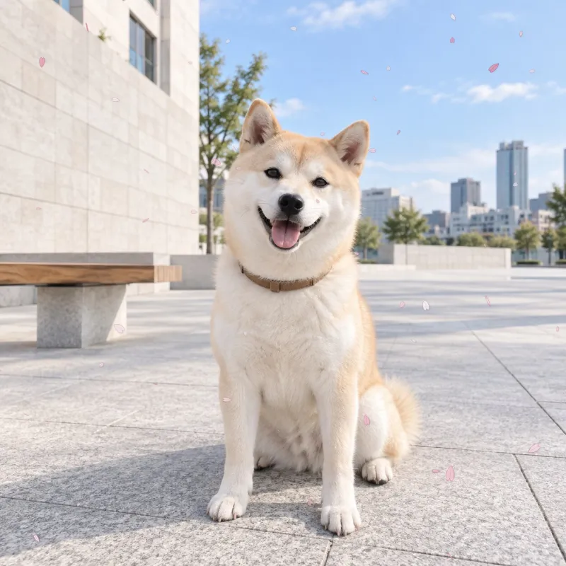 都市広場の柴犬の正方形写真に桜の花びらを舞わせたAnimated WebPの完成例