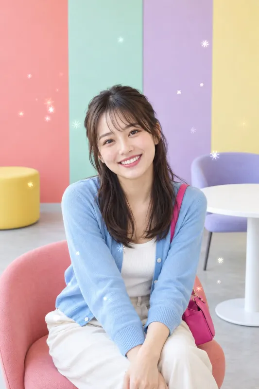 パステルカラーの室内にいる女性の縦長写真へ白と淡い金のダイヤモンドダストを加えたAnimated WebPの完成例