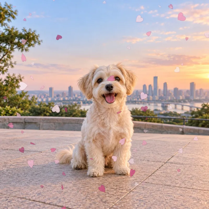 街を見渡す小型犬の正方形写真にハートを舞わせたAnimated WebPの完成例