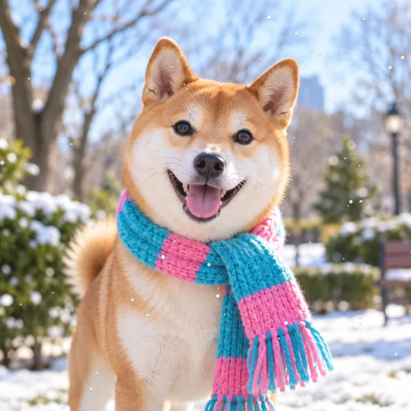 冬の公園にいる柴犬の正方形写真に雪を降らせたAnimated WebPの完成例