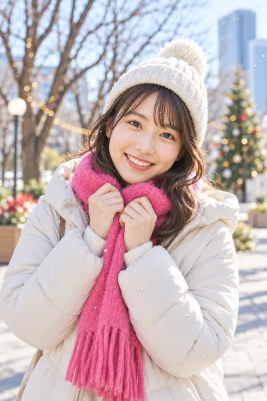 冬の街にいる若い女性の縦長写真に雪を降らせたAnimated WebPの完成例