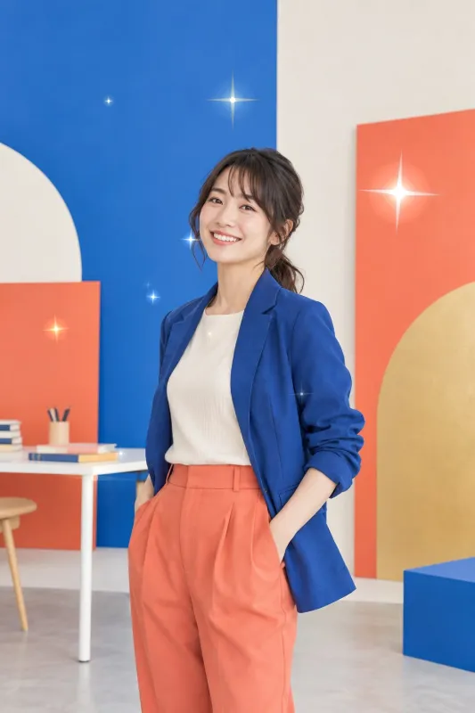 カラースタジオにいる女性の縦長写真へ白と金の大きなキラキラを加えたAnimated WebPの完成例