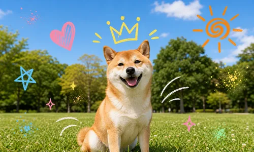 柴犬の写真に王冠やハート、星などを手書きしたお絵描き加工サンプル