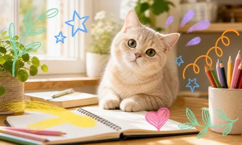 猫の写真にハートや星、葉などを手書きしたお絵描き加工サンプル